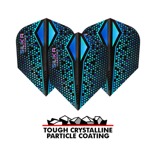 Harrows Silika Colorshift Tough Crystalline Coating Blue-X No6 Flights Das Bild zeigt drei blaue Harrows Silika Colourshift Tough Crystalline Coating Blue-X No6 Flights. Darunter steht der Schriftzug "Tough Crystalline Particle Coating" mit einer Grafik von Kristallteilchen.