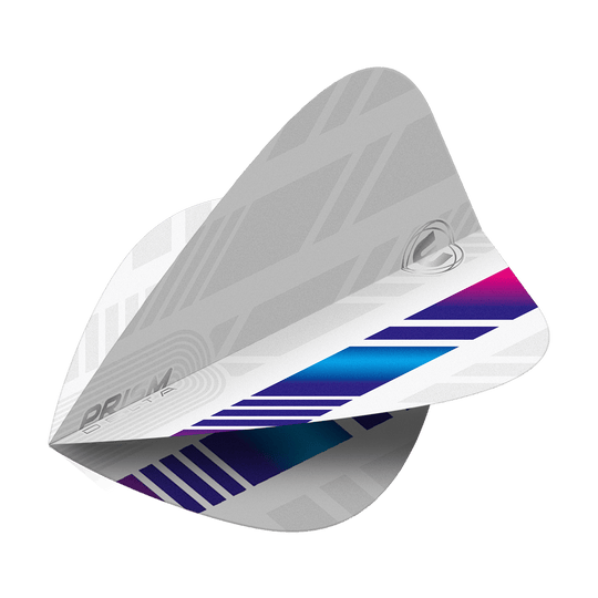 Winmau Delta White Blue Purple Kite Flights Das Bild zeigt die Winmau Delta White Blue Purple Kite Flights. Sie sind hauptsächlich weiß mit blauen und lila Akzenten sowie einem modernen, grafischen Muster.