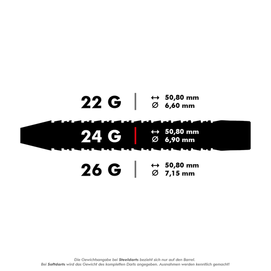 Das Bild zeigt die technischen Daten eines 24-Gramm-Steeldarts. Der Dart ist 50,80 mm lang und hat einen Durchmesser von 6,90 mm.