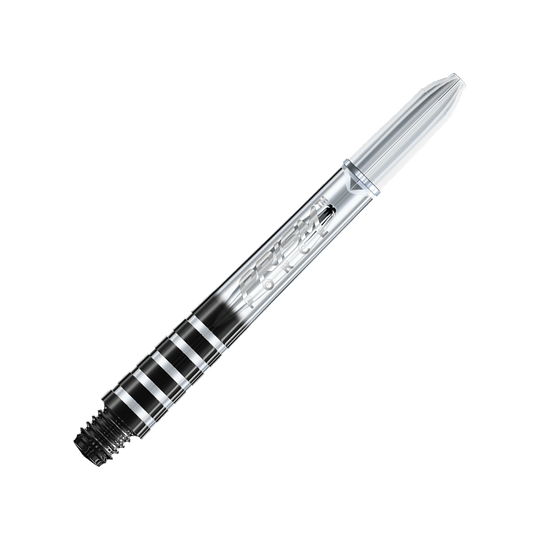Das Bild zeigt einen klaren Winmau Prism Force Shaft für Darts. Der Schaft hat ein transparentes Design mit eingraviertem Schriftzug.