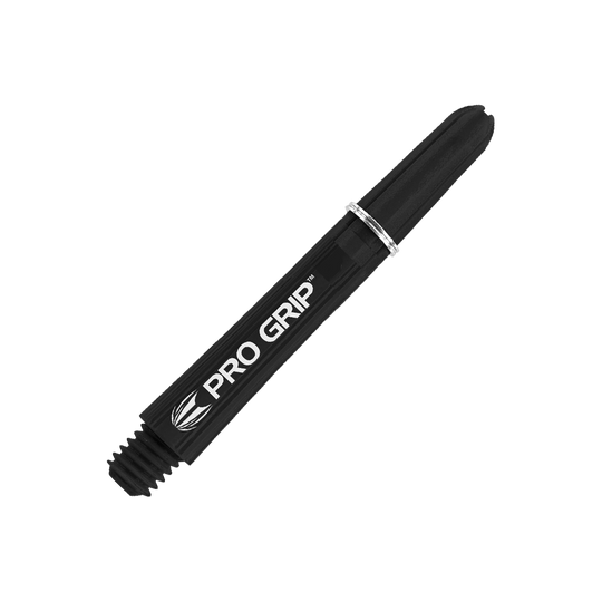110164_Target_Pro_Grip_Shafts_Schwarz_375mm_2 Das Bild zeigt einen schwarzen Target Pro Grip Schaft für Dartpfeile. Auf dem Schaft steht in weißer Schrift "PRO GRIP".