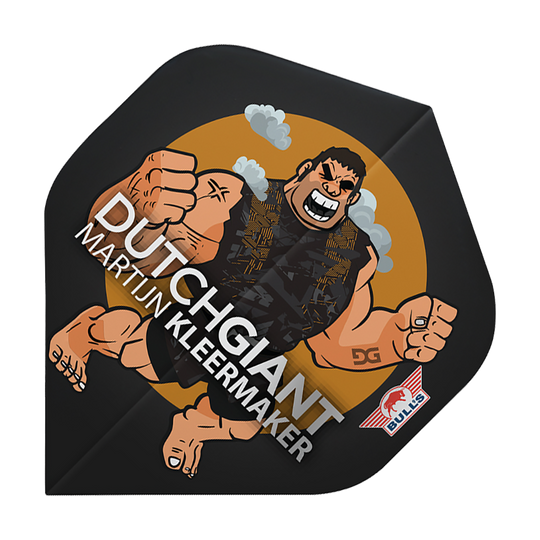 BU50922_Bulls_NL_Player_100_Martijn_Kleermaker_Cartoon_No2_Standard_Flights_1 Das Bild zeigt ein Dart-Flügel mit einer Cartoon-Zeichnung eines muskulösen Mannes und dem Text "Dutch Giant Martijn Kleermaker". Unten rechts befindet sich das Bulls-Logo.
