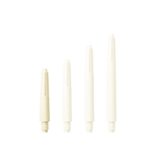 Das Bild zeigt vier Nylon Shafts in Naturweiß, die in unterschiedlichen Längen angeordnet sind. Sie haben ein Gewinde am unteren Ende.