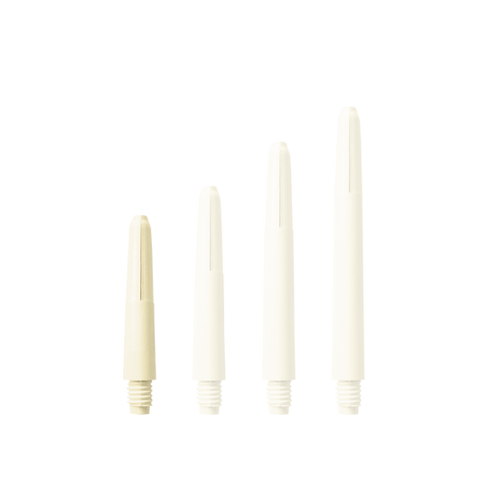 575_Nylon_Shafts_Naturweiss_28mm_15xUTm3L9tur5Y Das Bild zeigt vier Nylon Shafts in Naturweiß, die in unterschiedlichen Längen angeordnet sind. Sie haben ein Gewinde am unteren Ende.