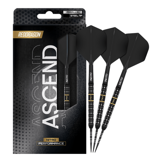 Das Foto zeigt die vollständigen Red Dragon Ascend Parallel Steeldarts. Die Darts sind komplett und einsatzbereit dargestellt.