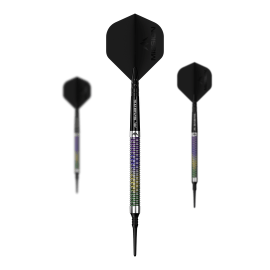 Mission Kaleidos soft darts - 19g Mission Kaleidos Softdarts - 19g wird als Set auf dem Bild präsentiert. Mehrere Softdarts sind nebeneinander angeordnet.