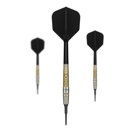 Das Bild zeigt drei Softdarts des Produkts "Target Japan Black Marque Warrior" mit einem Gewicht von 18,5 g. Die Darts haben schwarze Flights und gold-silberne Barrels.