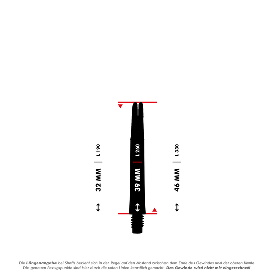 Das Bild zeigt einen geraden L-Shaft mit der Länge von 39 mm. Es sind auch die Längenvarianten 32 mm und 46 mm eingezeichnet.