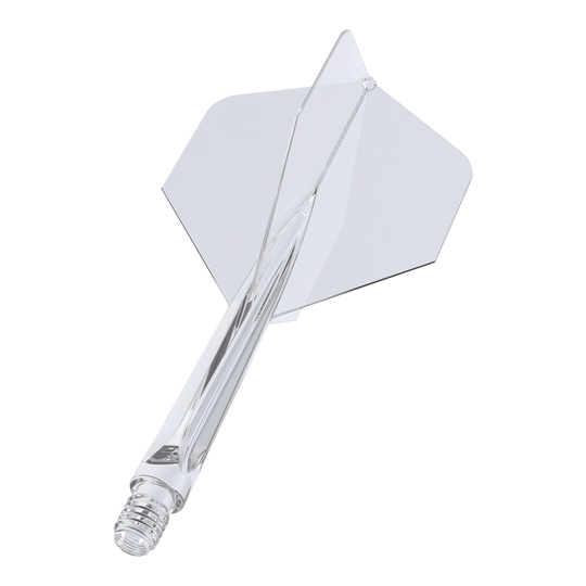 Unicorn Forge All In One Plus No2 Standard Flights Clear - Medium Das Bild zeigt einen klaren, mittelgroßen Dartaufsatz des Modells "Unicorn Forge All In One Plus No2 Standard Flights". Die Flight- und Schaftteile sind transparent und bilden ein einteiliges Design.