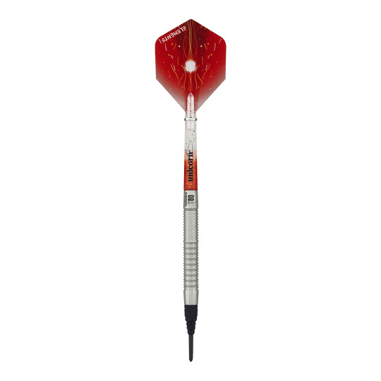 Unicorn Core XL Striker Style 1 Soft Darts - 19g Auf dem Bild ist ein Softdart der Marke Unicorn Core XL Striker Style 1 mit einem Gewicht von 19g zu sehen. Die Flights sind rot mit einem weißen Muster, und der Schaft ist silbern.