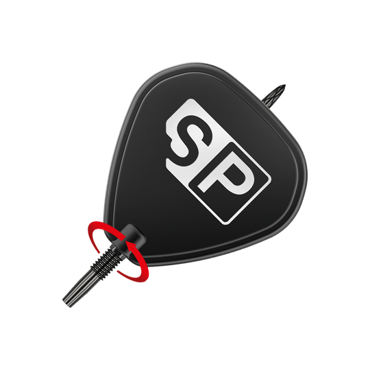 Target Swiss DS Surge Point dart tips - Black Das Bild zeigt eine schwarze Dartspitze mit der Aufschrift „SP“. Ein roter Pfeil deutet auf das Gewinde hin und zeigt, dass die Spitze eingeschraubt werden kann.