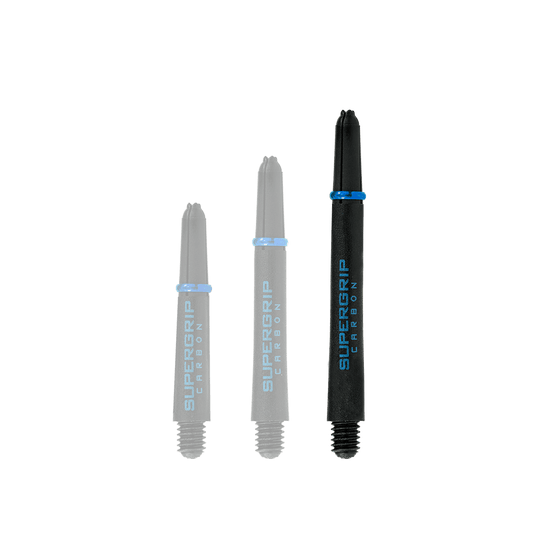 Das Bild zeigt drei Harrows Supergrip Carbon Shafts in der Farbe Aqua. Die Shafts sind unterschiedlich lang und stehen nebeneinander.