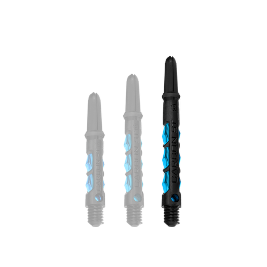HR412_Harrows_Carbon_ST_Shafts_Aqua_47mm_1 Das Bild zeigt drei Harrows Carbon ST Shafts in der Farbe Aqua. Die Dartschäfte sind schwarz mit blauen Akzenten und in drei verschiedenen Längen dargestellt.