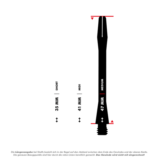 HR366_Harrows_Keramic_Shafts_5_47mm Das Bild zeigt drei verschiedene Längen der Harrows Keramic Shafts - Gun Metal: Short (35 mm), Midi (41 mm) und Medium (47 mm). Die Längen werden durch Pfeile und rote Markierungen verdeutlicht, wobei das Gewinde nicht mit eingerechnet ist.