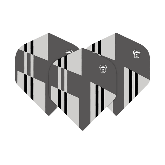 Bulls B-Star Tac No2 Standard Flights Das Bild zeigt drei Dart-Flights des Produkts „Bulls B-Star Tac No2 Standard Flights“. Die Flights sind in Grau-, Schwarz- und Weißtönen mit geometrischem Muster gestaltet.