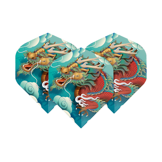 Pentathlon Flights Dragon Das Bild zeigt drei Dart-Flights mit einem bunten Drachenmotiv vor einem blauen Himmel mit Wolken. Es handelt sich um das Produkt "Pentathlon Dragon 5 Standard Flights".