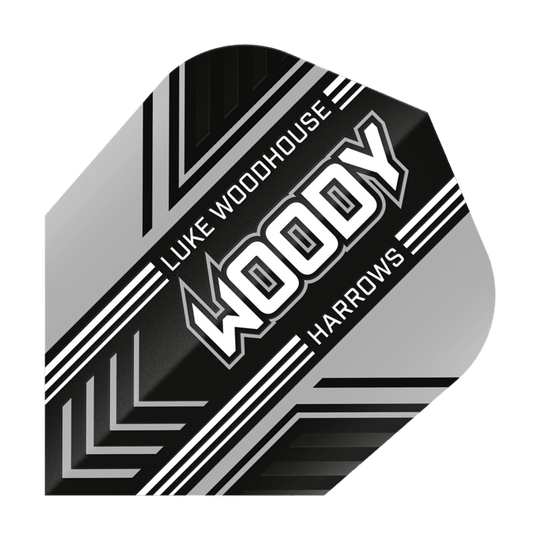 Harrows Prime Luke Woodhouse Woody No6 Flights Das Bild zeigt ein Dartflight mit dem Namen "Harrows Prime Luke Woodhouse Woody No6". Das Design ist schwarz, weiß und silber mit dem Schriftzug "WOODY" in der Mitte.