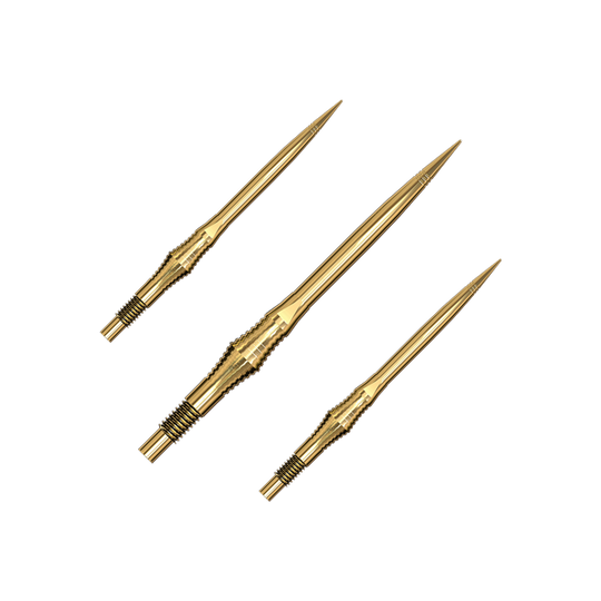 Harrows Quick Point Spire Elite Series Dartspitzen - Gold Goldene Dartspitzen sind im Set abgebildet. Die Spitzen leuchten metallisch.