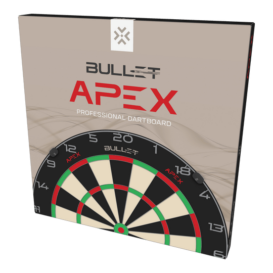 Bullet Apex steel dartboard Abgebildet ist das Bullet Apex Steeldartboard. Das Produkt wird aus einer anderen Perspektive gezeigt.