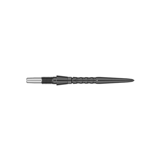 Target Swiss Point Storm Surge Steel Dart Tips - Black Das Bild zeigt eine schwarze Dartspitze aus Metall mit einer strukturierten Oberfläche. Die Spitze ist lang und schmal, mit einem silbernen Abschnitt am Ende.