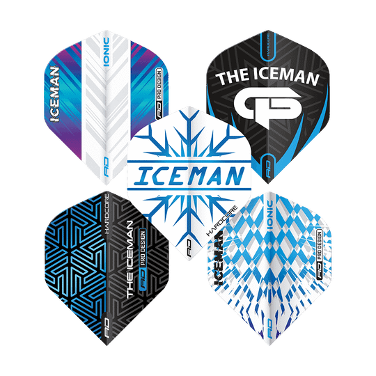 X0799_Red_Dragon_Gerwyn_Price_1_Flight_Card_2 Das Bild zeigt fünf verschieden designte Dart-Flights der Marke Red Dragon, die das Motiv "Iceman" tragen. Die Farben und Muster sind überwiegend in Blau, Schwarz und Weiß gehalten.