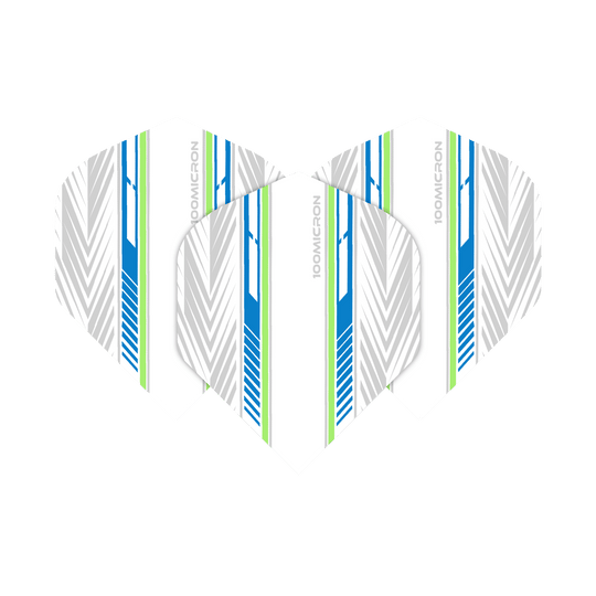 Pentathlon Flights white/blue/green Das Bild zeigt die "Pentathlon White Blue Green No2 Standard Flights" mit einem modernen Design in Weiß, Blau und Grün. Die Flights haben ein Muster aus Linien und Pfeilen sowie den Aufdruck "100 MICRON".