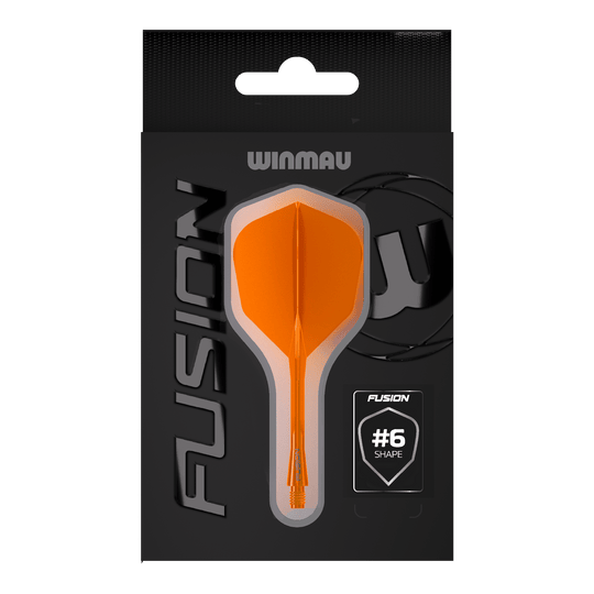Das Bild zeigt das Winmau Fusion Flight-Shaft-System No6 in Neon Orange. Dieses System verbindet Flight und Shaft zu einer stabilen Einheit für Dartpfeile.