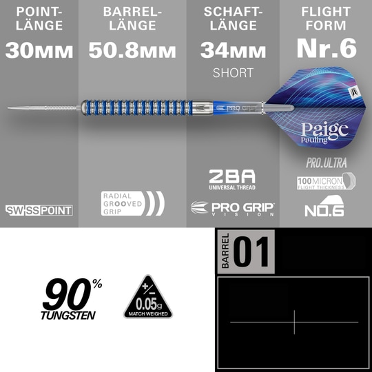 Target Paige Pauling GEN1 Swiss Points Steeldarts - 22g Zu sehen sind die Target Paige Pauling GEN1 Swiss Points Steeldarts - 22g. Die Darts liegen auf einer hellen Oberfläche.