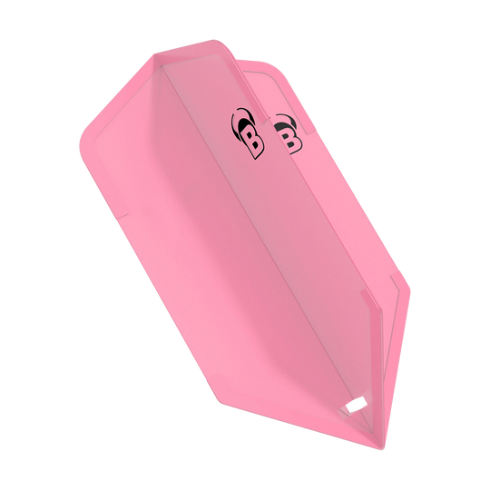 Das Bild zeigt ein pinkes Dartflügel-Set namens "Bulls DragonFlights Slim". Auf den Flügeln ist ein schwarzes "B" mit Hörnern abgebildet.