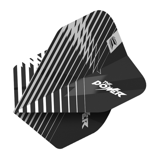 Das Bild zeigt die Target ProUltra Phil Taylor Black No2 Standard Flights. Die Flights sind schwarz-weiß gemustert und haben den Aufdruck "The Power".