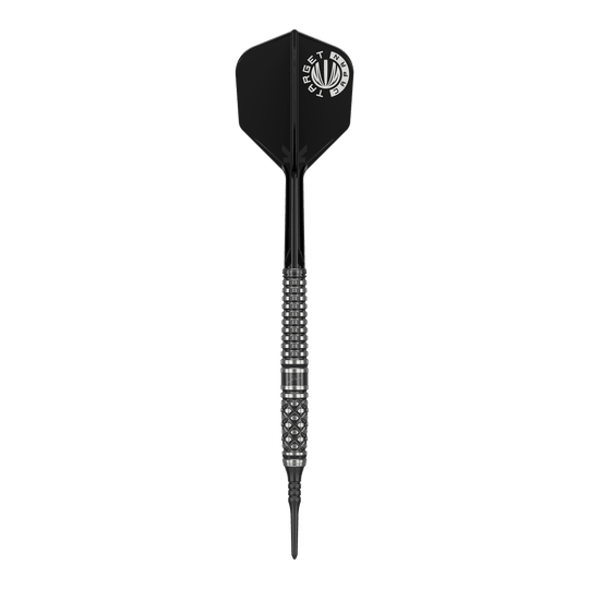 Target Japan Paul Lim The Legend GEN8 Soft Darts - 19g Das Bild zeigt einen Softdart mit schwarzer Spitze, silbernem, strukturiertem Barrel und schwarzer Flight. Auf dem Flight steht in Weiß „TARGET JAPAN“.