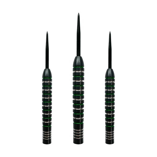 McDart Silver Green Steeldart Barrels Abgebildet ist ein Set der McDart Silver Green Steeldart Barrels. Die Form der Barrels ist zylindrisch.