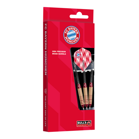 Das Bild zeigt die Bulls FC Bayern München Brass Steeldarts mit 21 Gramm Gewicht. Die Darts sind im Design des Fußballvereins FC Bayern München gehalten.
