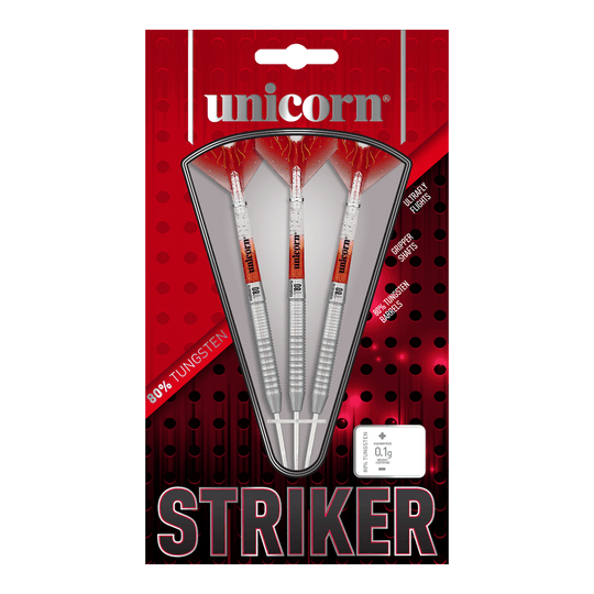 Auf dem Bild sind drei Unicorn Core XL Striker Style 1 Steeldarts mit einem Gewicht von 22g zu sehen. Die Verpackung ist rot-schwarz gestaltet und hebt 80% Tungsten-Barrels hervor.