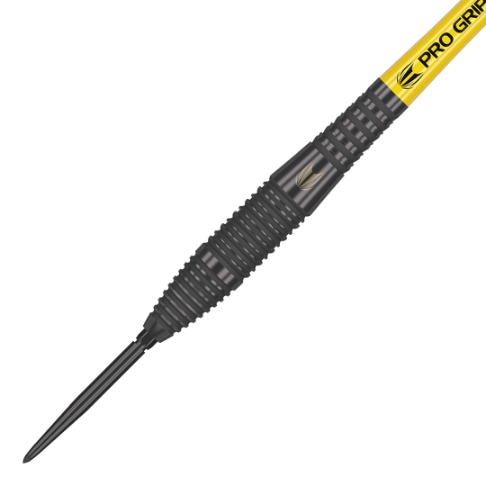 Target Bolide Void 05 Swiss Point steel darts Das Bild zeigt einen Target Bolide Void 05 Swiss Point Steeldart. Der Dart hat eine schwarze, gerillte Oberfläche und einen gelben Schaft mit der Aufschrift "Pro Grip".