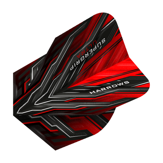 HR9_Harrows_Supergrip_Ultra_Red_Standard_Flights_2 Das Bild zeigt das Produkt "Harrows Supergrip Ultra Red Standard Flights". Die Flights sind in Rot, Schwarz und Silber gestaltet und tragen den Markennamen sowie die Produktbezeichnung.
