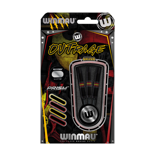 Das Bild zeigt eine Packung Winmau Outrage V1 Black Coated Brass Softdarts mit einem Gewicht von 18g. In der Verpackung sind drei schwarze Softdarts mit farbigen Ringen zu sehen.