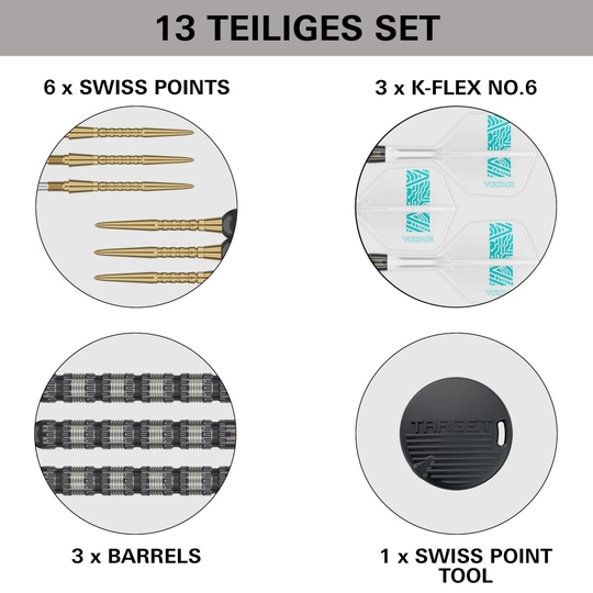 Target Rob Cross 95K Swiss Point Steel Darts Das Bild zeigt das 13-teilige Set der Target Rob Cross 95K Swiss Point Steeldarts. Es enthält 6 Swiss Points, 3 K-Flex No.6 Flights, 3 Barrels und 1 Swiss Point Tool.