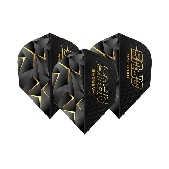 Harrow's Opus Version 3 Flights Das Bild zeigt die Harrows Opus Version 3 Flights. Sie sind schwarz mit goldenen Akzenten und geometrischem Muster gestaltet.