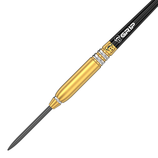 Das Bild zeigt einen Bulls Patrick Geeraets Steeldart mit einem Gewicht von 23 Gramm. Der Dart hat einen goldfarbenen Barrel und einen schwarzen Schaft mit der Aufschrift "GRIP".