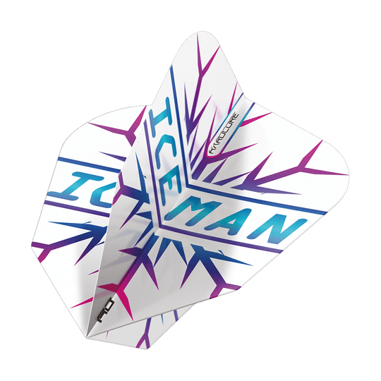 X0808_Red_Dragon_Gerwyn_Price_Hardcore_Flight_Set_4EjofFi6qJhAvu Das Bild zeigt das Produkt "Red Dragon Gerwyn Price Hardcore Flight Set". Die Flights sind weiß mit blauen und lila Eiszapfen-Designs und dem Schriftzug "ICEMAN".