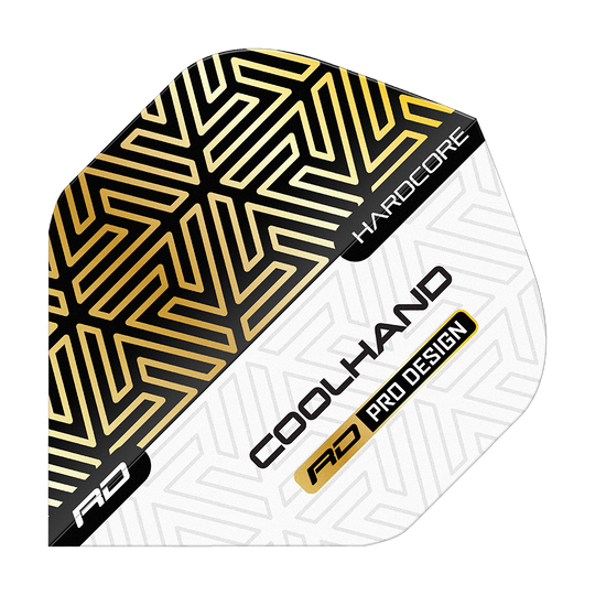 Red Dragon Hardcore Luke Humphries Gold White Premium Standard Flights Das Bild zeigt einen Dartflight mit gold-schwarzem und weißem geometrischen Muster. Auf dem Flight stehen die Worte "HARDCORE", "COOLHAND" und "RD PRO DESIGN".