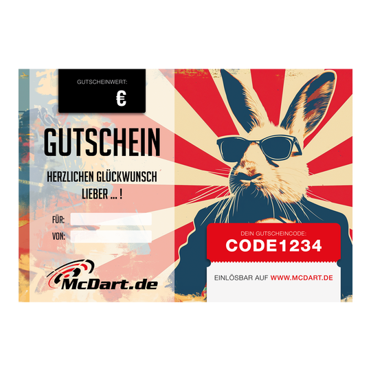 Das Bild zeigt einen Oster-Gutschein von McDart.de mit einem coolen Hasen mit Sonnenbrille. In der Mitte steht „Gutschein“ und rechts ist ein Feld für den Gutscheincode.