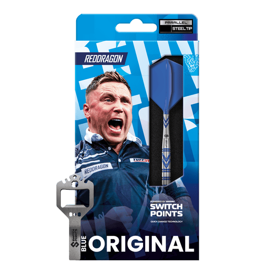 Gezeigt werden hier die Red Dragon Gerwyn Price Blue Original Switch Point Steeldarts. Das Modell bietet eine zuverlässige Handhabung und modernes Design.