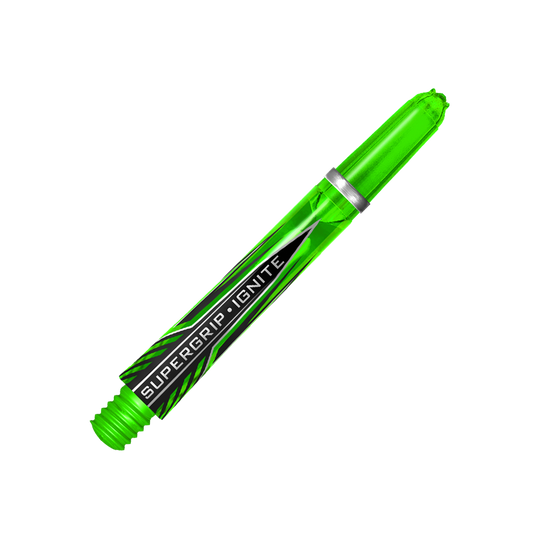 Das Bild zeigt einen grünen Harrows Supergrip Ignite Shaft für Darts. Der Hintergrund ist in kräftigen Grüntönen gehalten und hebt das Produkt hervor.
