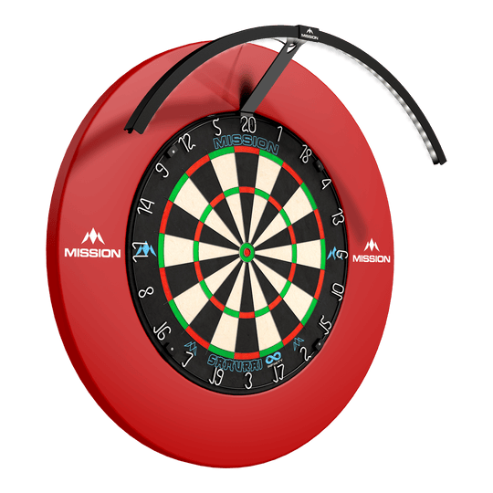 Mission Torus 120 LED Lighting System - Black Das Foto zeigt das Mission Torus 120 LED Beleuchtungssystem in schwarzer Farbe. Das Produkt ist für eine gleichmäßige Ausleuchtung des Dartboards konzipiert.