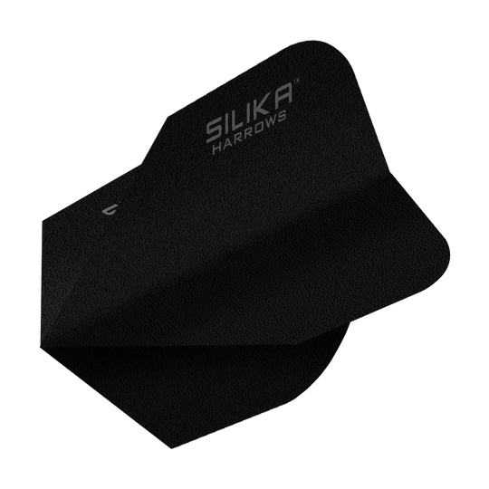 Harrows Silica Solid Tough Crystalline Coating Black No6 Flight Das Bild zeigt ein schwarzes Dartflight mit der Aufschrift "SILIKA HARROWS". Es handelt sich um das Modell "Harrows Silika Solid Tough Crystalline Coating Black No6 Flight".