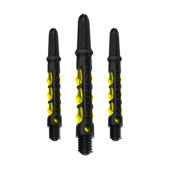 HR420_Harrows_Carbon_ST_Shafts_Gelb_40mm_1q7Ps4EtyYGU3s Das Bild zeigt drei Harrows Carbon ST Shafts in Gelb. Die Dartschäfte sind schwarz mit gelben Akzenten und haben eine auffällige, strukturierte Oberfläche.