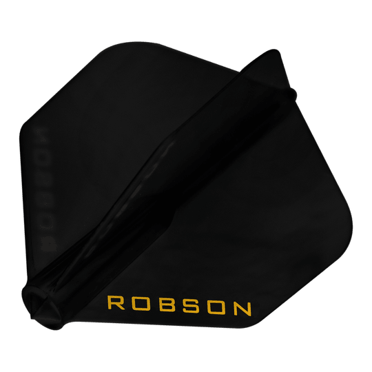 Robson Plus Flights - NO6 Das Bild zeigt einen schwarzen Dartflug. Auf dem Flug steht in gelber Schrift das Wort "ROBSON".