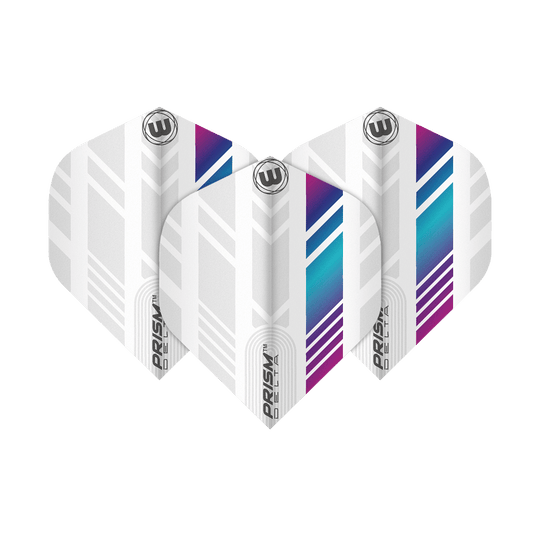 6915-213_Winmau_Prism_Delta_6915-213_Standard_Flights_1vVW78bffVdBBf Das Bild zeigt die Winmau Prism Delta 6915.213 Standard Flights. Sie sind überwiegend weiß mit bunten, geometrischen Mustern in Blau, Lila und Türkis.